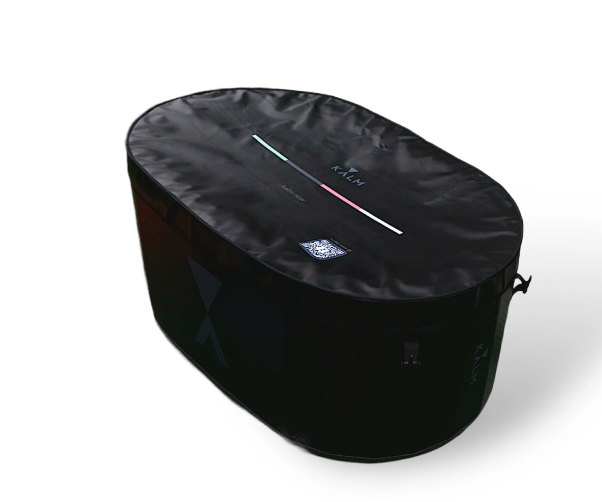 Black version of the Kalm Inflatable Cold Plunge Tub with cover.