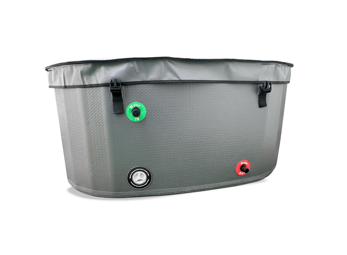 Back view of the Gray version of the Kalm Inflatable Cold Plunge Tub with cover.