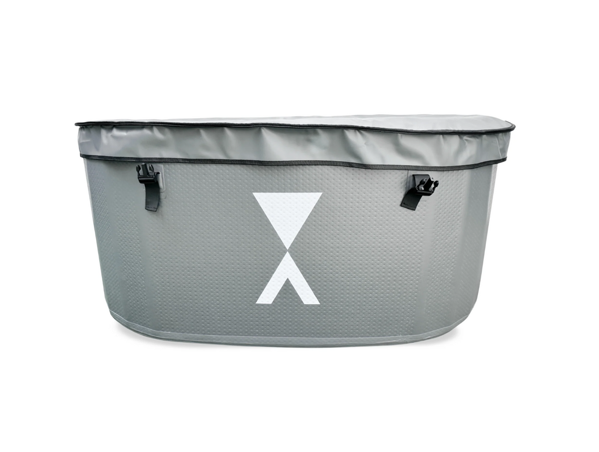 Front view of the Gray version of the Kalm Inflatable Cold Plunge Tub with cover.