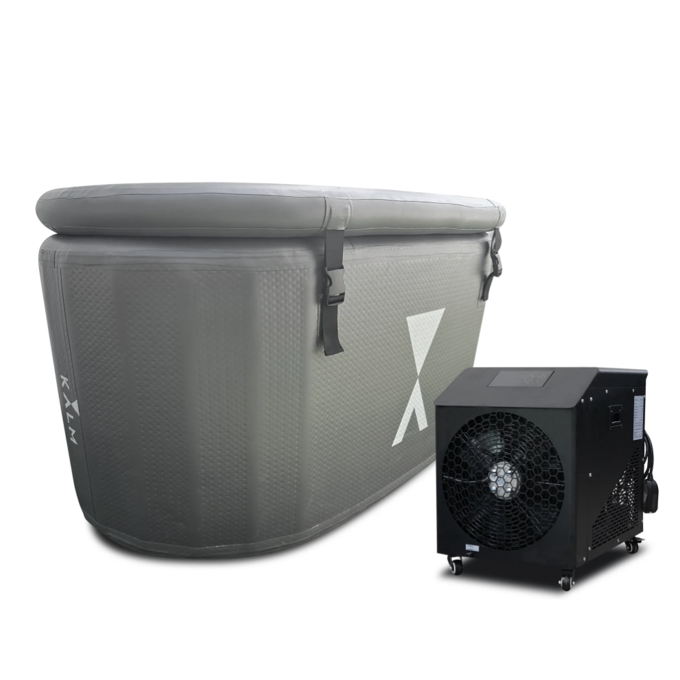 Gray version of Kalm Inflatable Cold Plunge Tub with Lid &amp; Chiller.