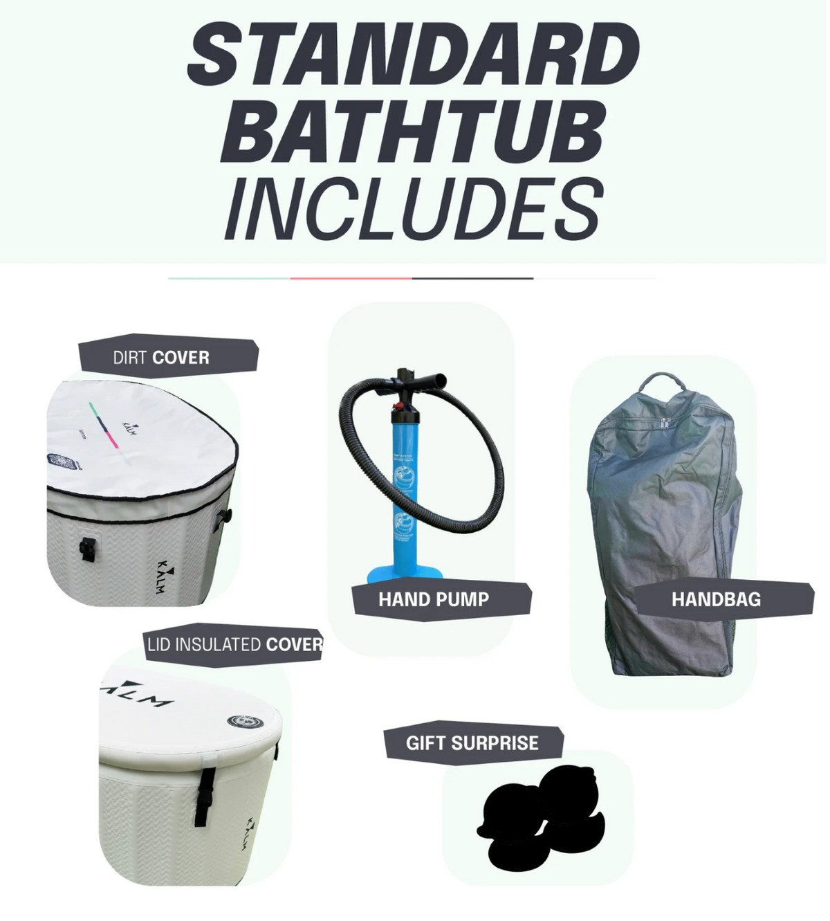 Items included with the Kalm Inflatable Cold Plunge Tub (dirt cover, lid insulated cover, hand pump, handbag, gift surprise).