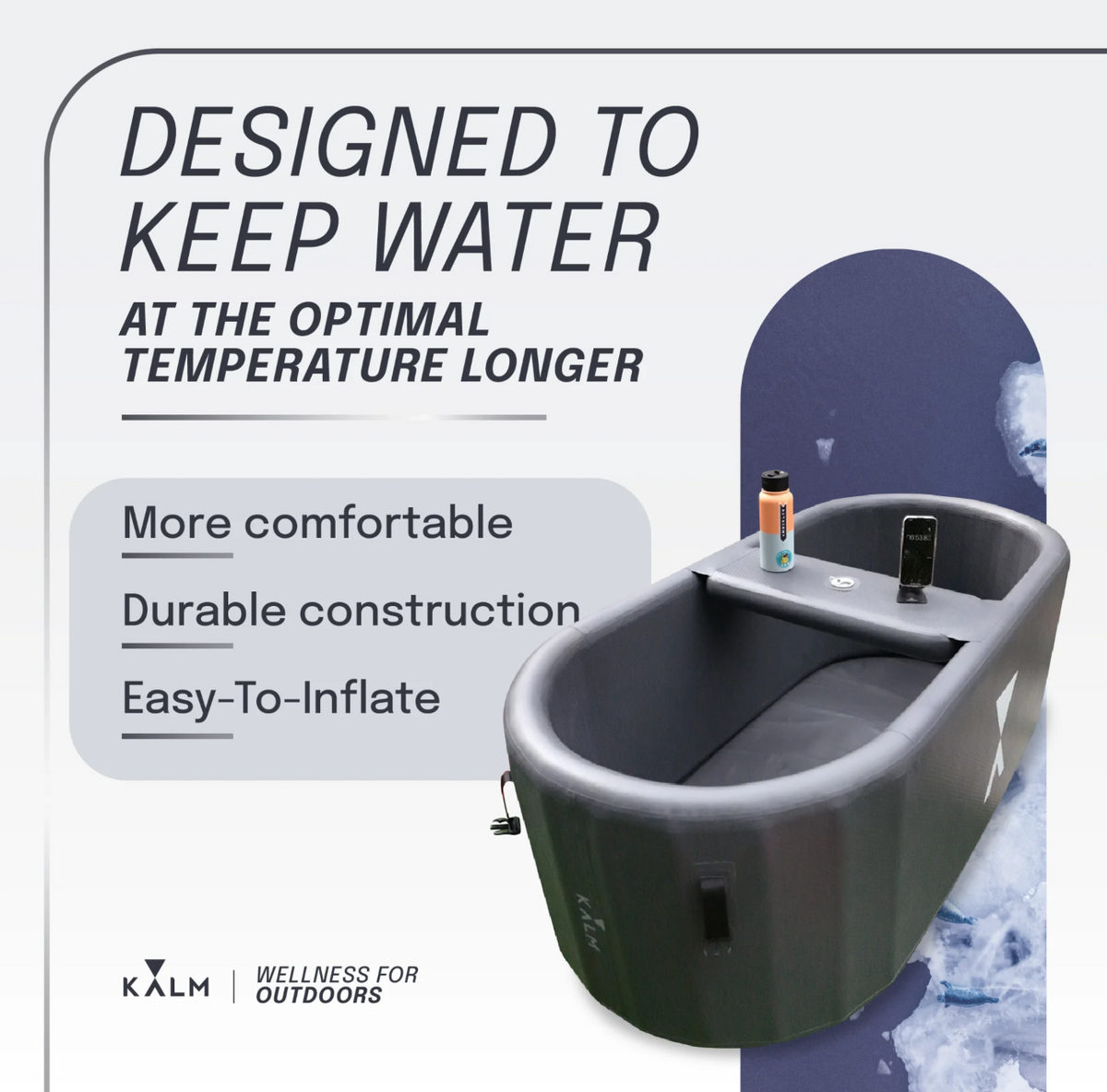 Features of the Kalm Inflatable Cold Plunge XL version.