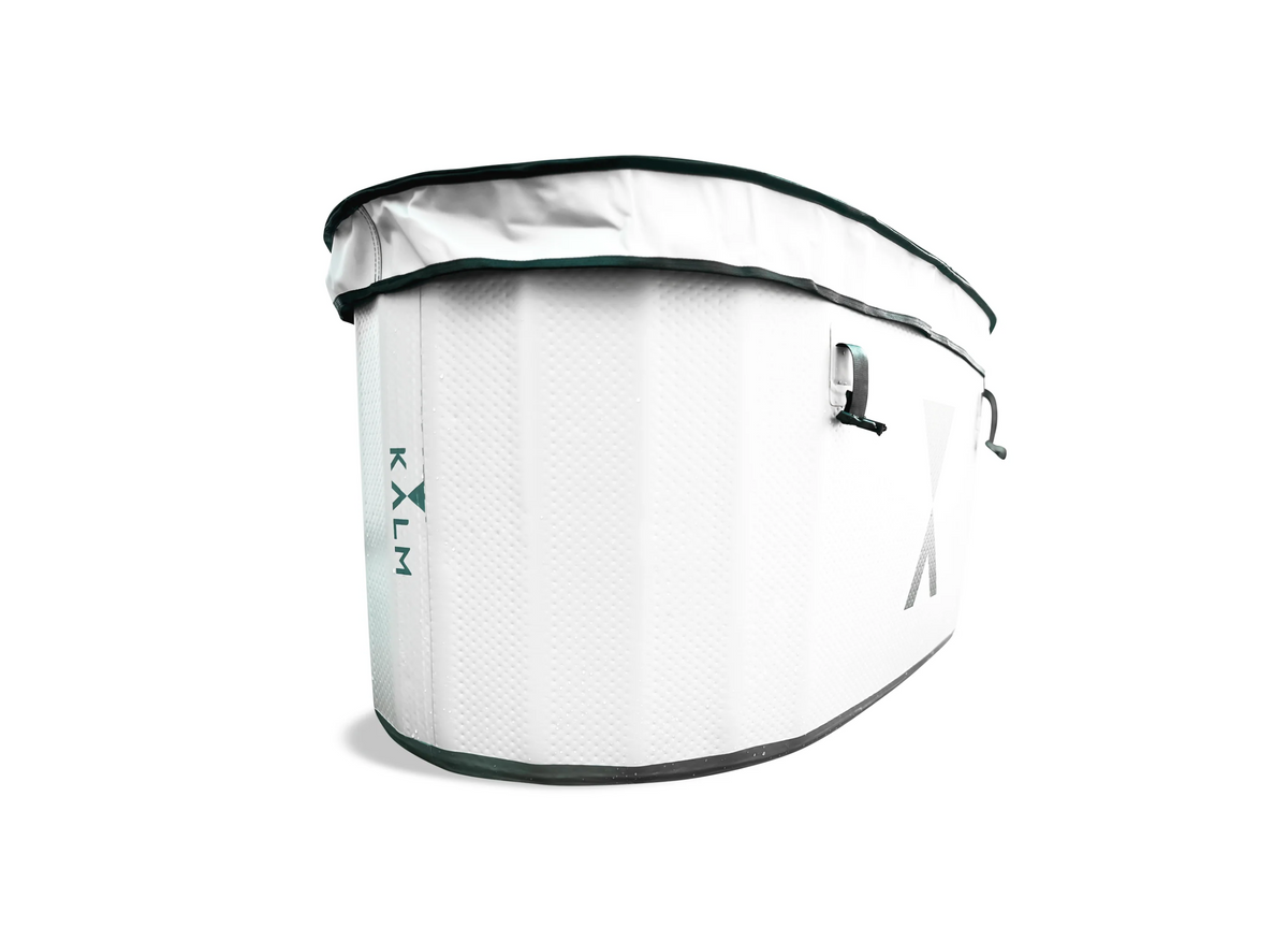 Side view of the White version of the Kalm Inflatable Cold Plunge Tub with cover.