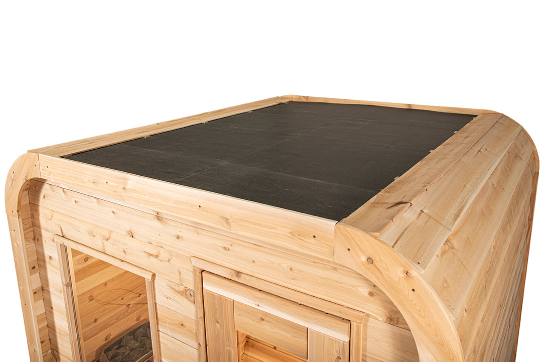 Close-up view of EPDM Sloped Roof of Leisurecraft Canadian Timber Luna Outdoor Sauna.