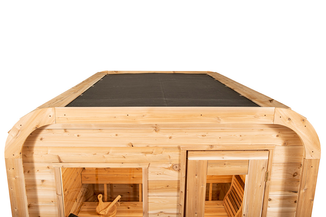 Close-up view of the EPDM Sloped Roof of Leisurecraft Canadian Timber Luna Outdoor Sauna.