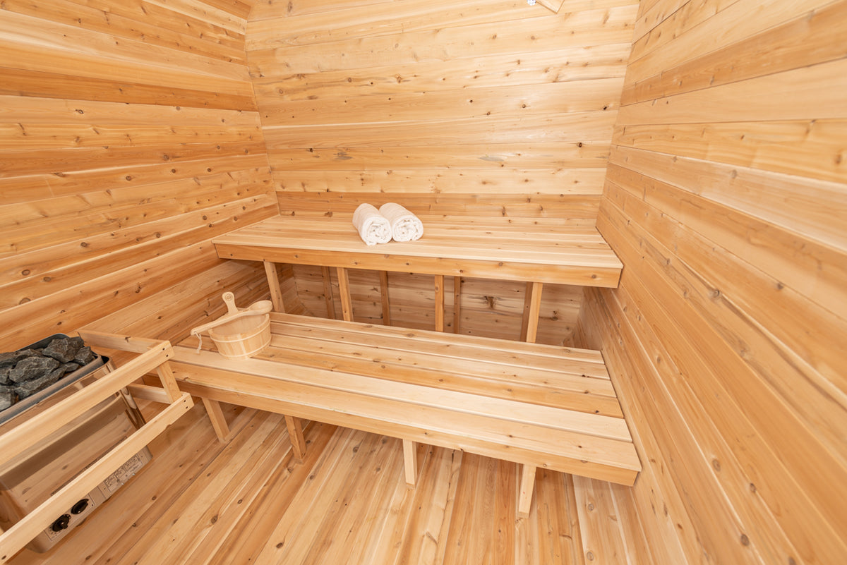 Interior view of Leisurecraft Canadian Timber Luna Outdoor Sauna.