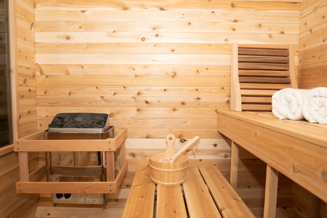 Close-up view of interior details of Leisurecraft Canadian Timber Luna Outdoor Sauna.