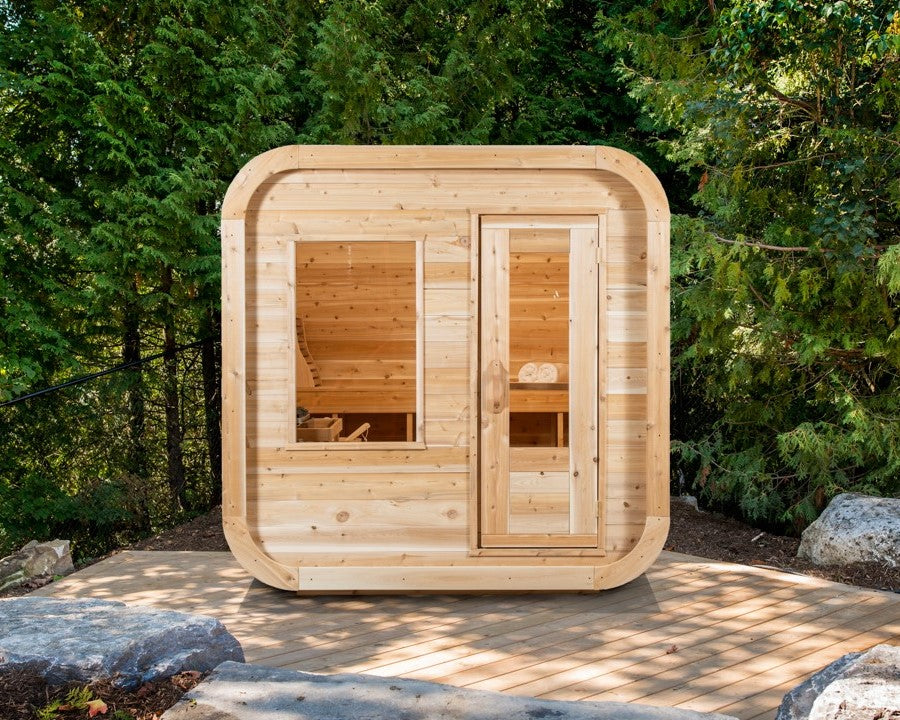 Front view of Leisurecraft Canadian Timber Luna Outdoor Sauna in an outdoor setting.