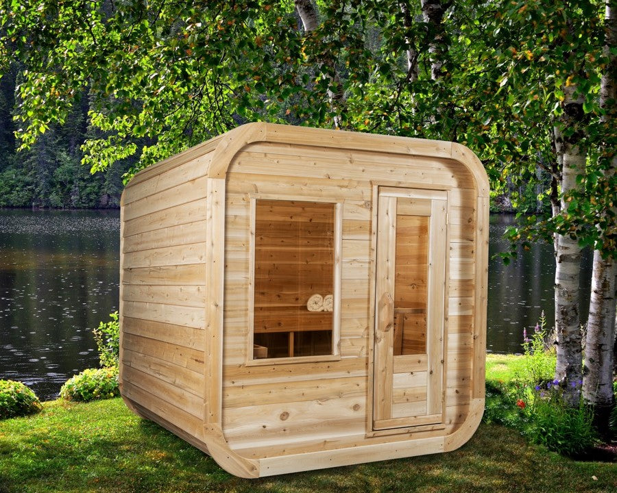 Main view of Leisurecraft Canadian Timber Luna Outdoor Sauna in an outdoor setting.