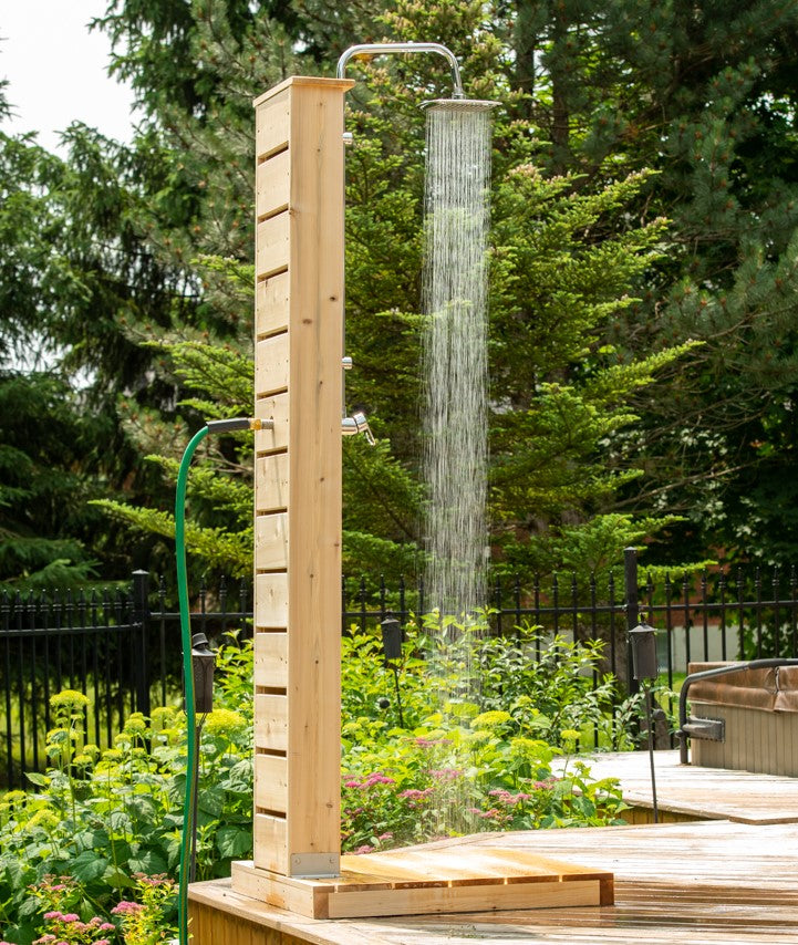 Back view of Leisurecraft Canadian Timber Sierra Outdoor Shower in an outdoor setting.