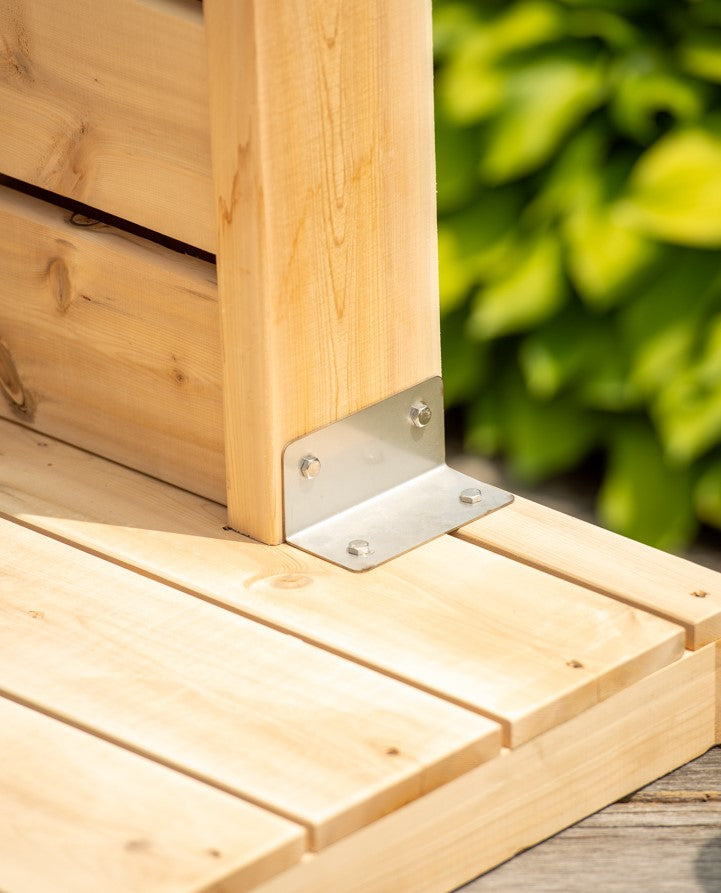 Close-up view of stainless steel reinforcement of Leisurecraft Canadian Timber Sierra Outdoor Shower.