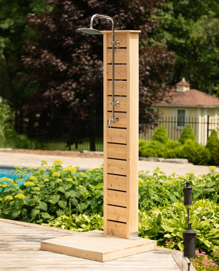 Front view of Leisurecraft Canadian Timber Sierra Outdoor Shower in an outdoor setting.