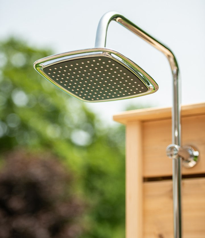 Close-up view of the shower head of Leisurecraft Canadian Timber Sierra Outdoor Shower.