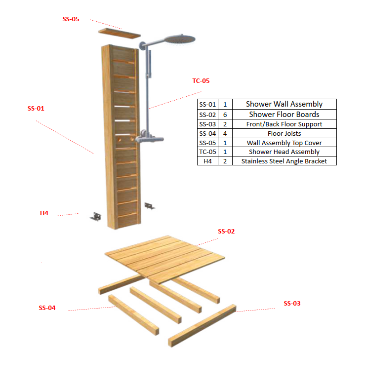 Components of Leisurecraft Canadian Timber Sierra Outdoor Shower.