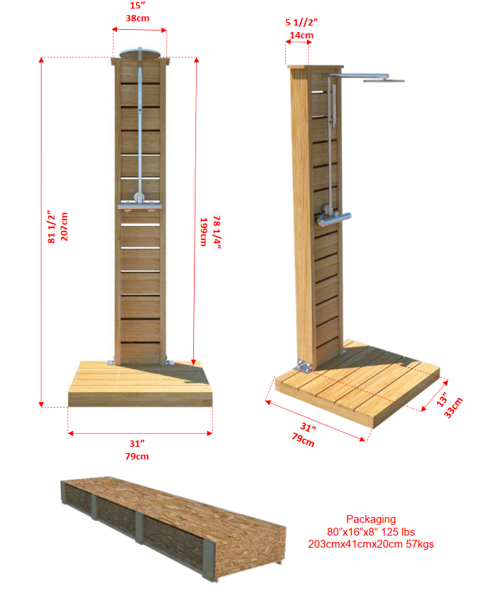 Detailed dimensions of Leisurecraft Canadian Timber Sierra Outdoor Shower.