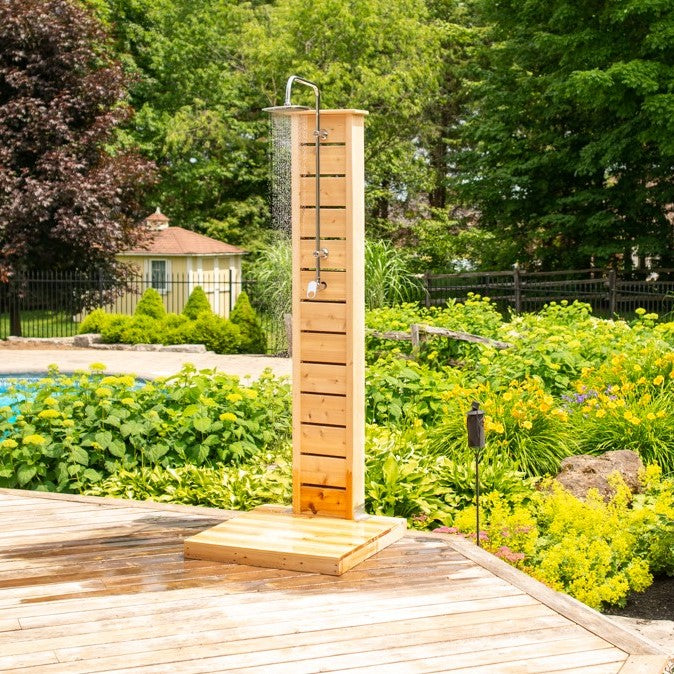 Main view of Leisurecraft Canadian Timber Sierra Outdoor Shower in an outdoor setting.