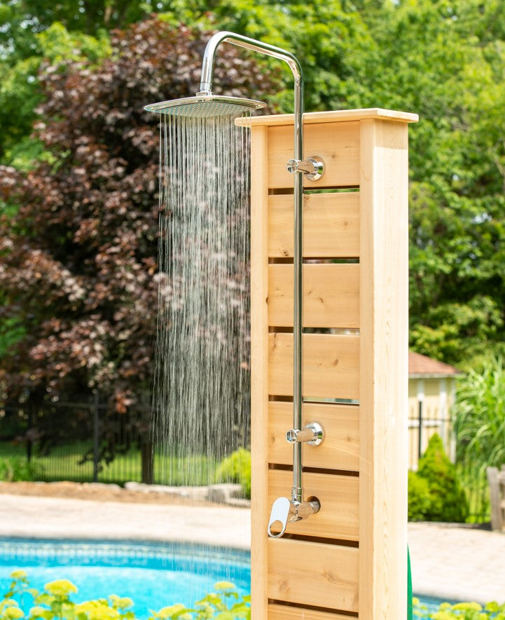 Close-up view of the shower head of Leisurecraft Canadian Timber Sierra Outdoor Shower in an outdoor setting.