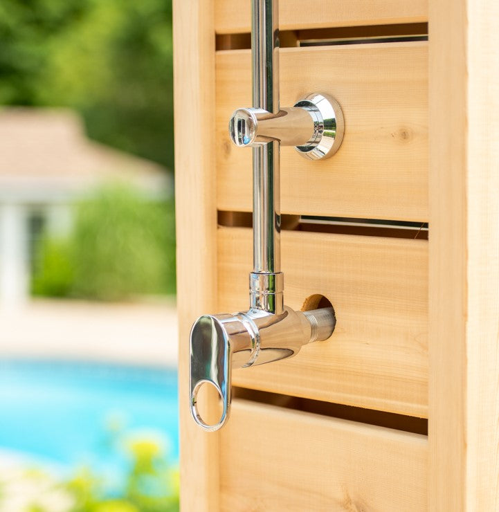 Close-up view of the switch of Leisurecraft Canadian Timber Sierra Outdoor Shower.