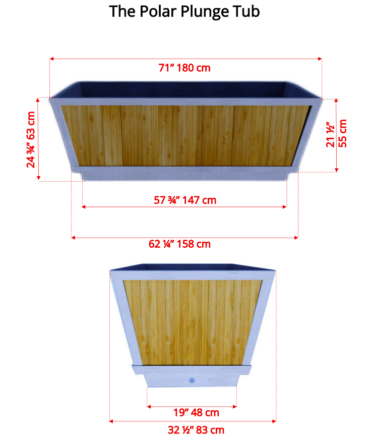 Front view dimensions of Leisurecraft Canadian Timber Polar Cold Plunge Tub.