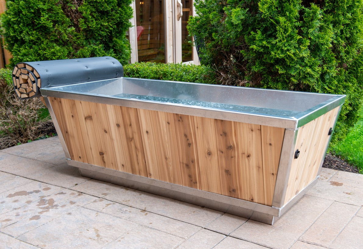 Front view of Leisurecraft Canadian Timber Polar Cold Plunge Tub filled with iced water, ready to be used for a cold therapy session.