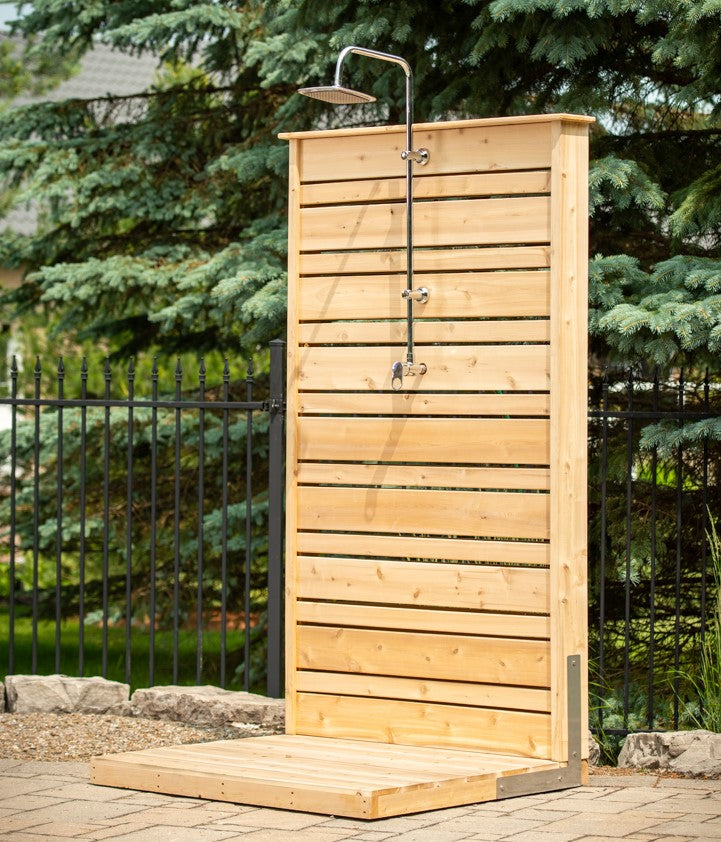 Front view of Leisurecraft Canadian Timber Savannah Outdoor Shower in an outdoor setting.