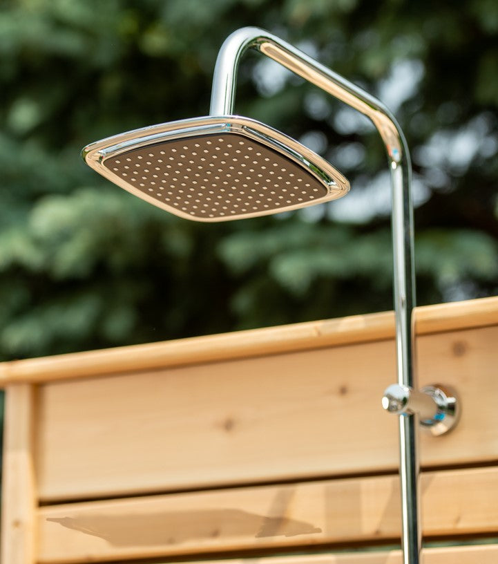 Close-up view of the shower head of Leisurecraft Canadian Timber Savannah Outdoor Shower.