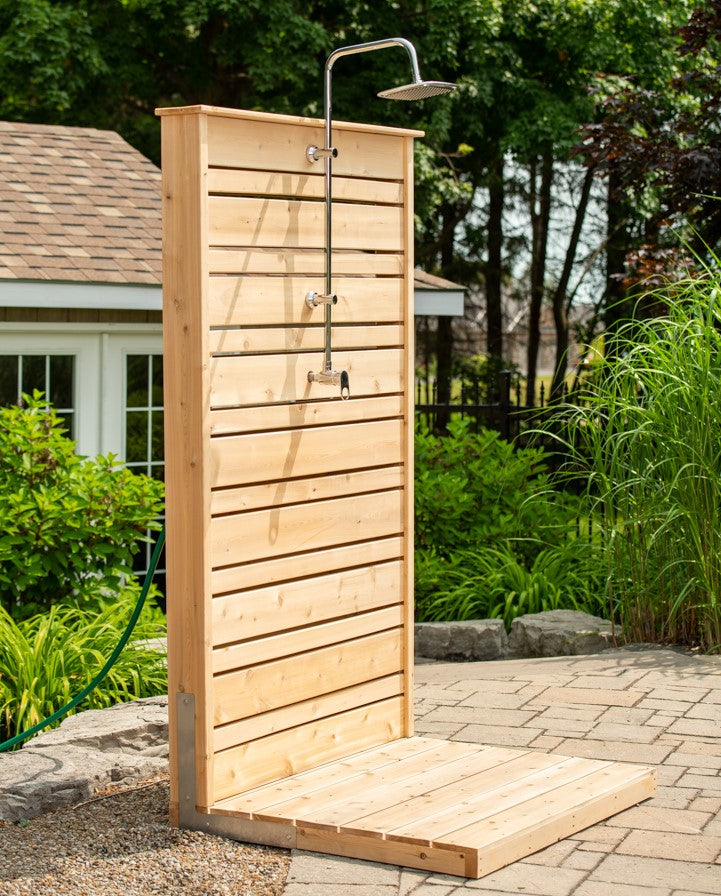 Side view of Leisurecraft Canadian Timber Savannah Outdoor Shower.