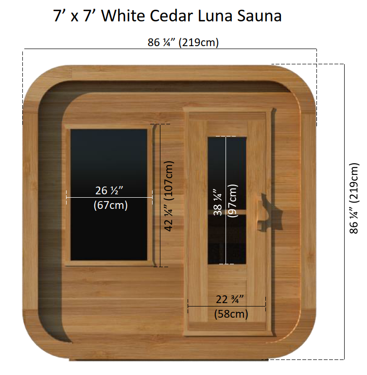 Front view detailed dimension of Leisurecraft Canadian Timber Luna Outdoor Sauna.