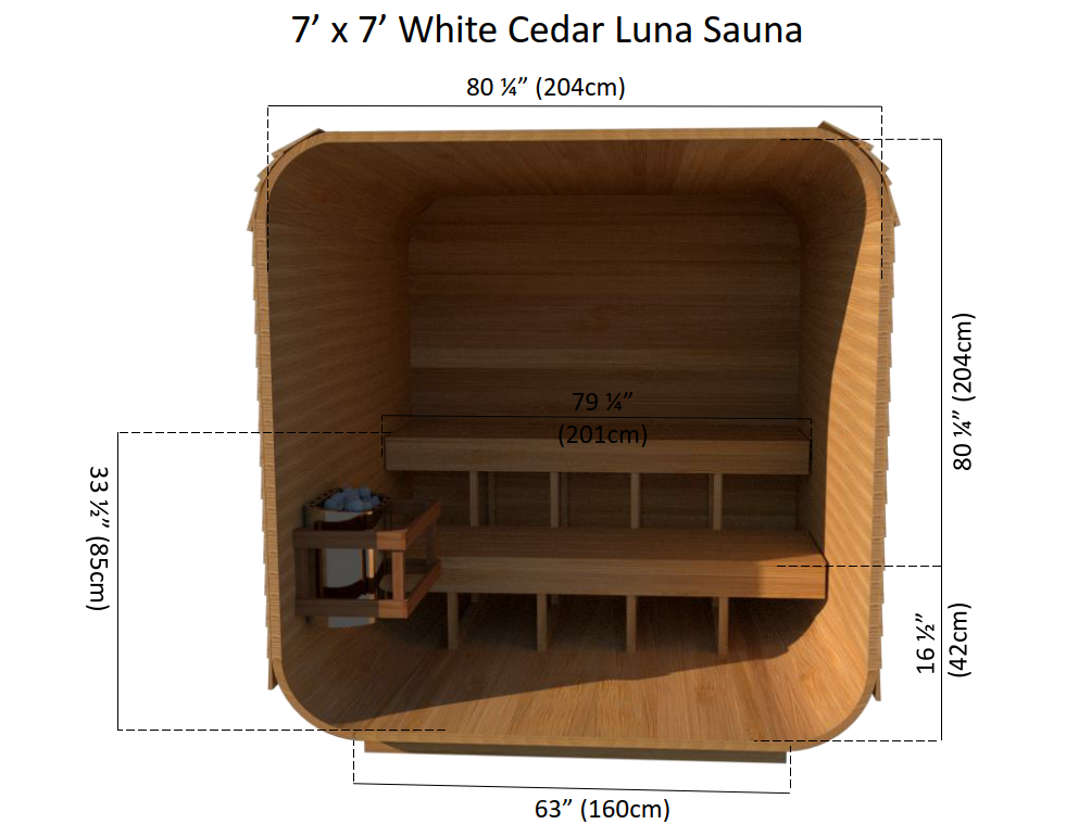 Interior view detailed dimensions of Leisurecraft Canadian Timber Luna Outdoor Sauna.