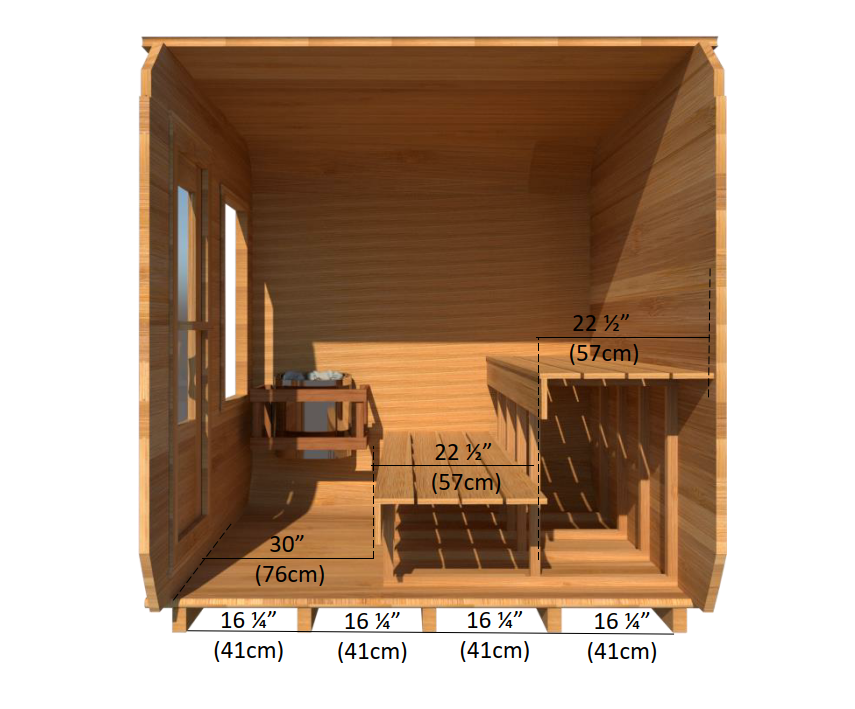 Interior view detailed dimensions of Leisurecraft Canadian Timber Luna Outdoor Sauna.