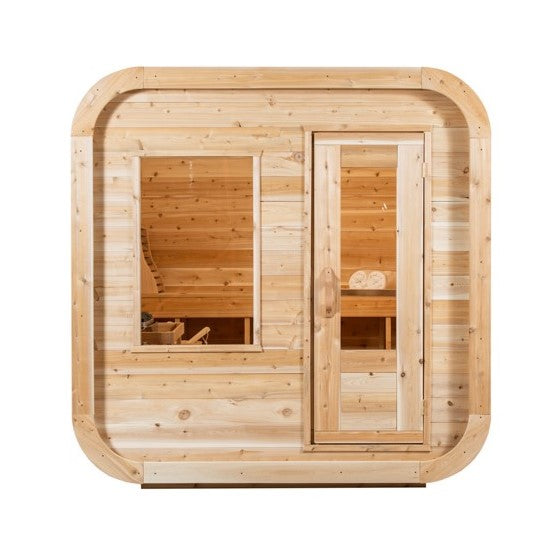 Front view of Leisurecraft Canadian Timber Luna Outdoor Sauna.