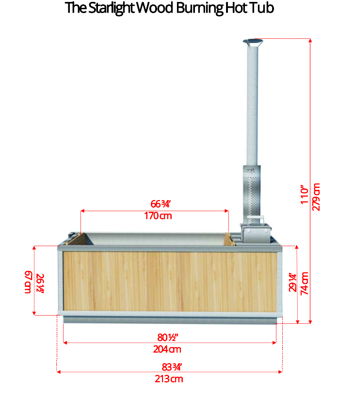 Detailed dimensions overview of Leisurecraft Canadian Timber Starlight Wood Burning Hot Tub.