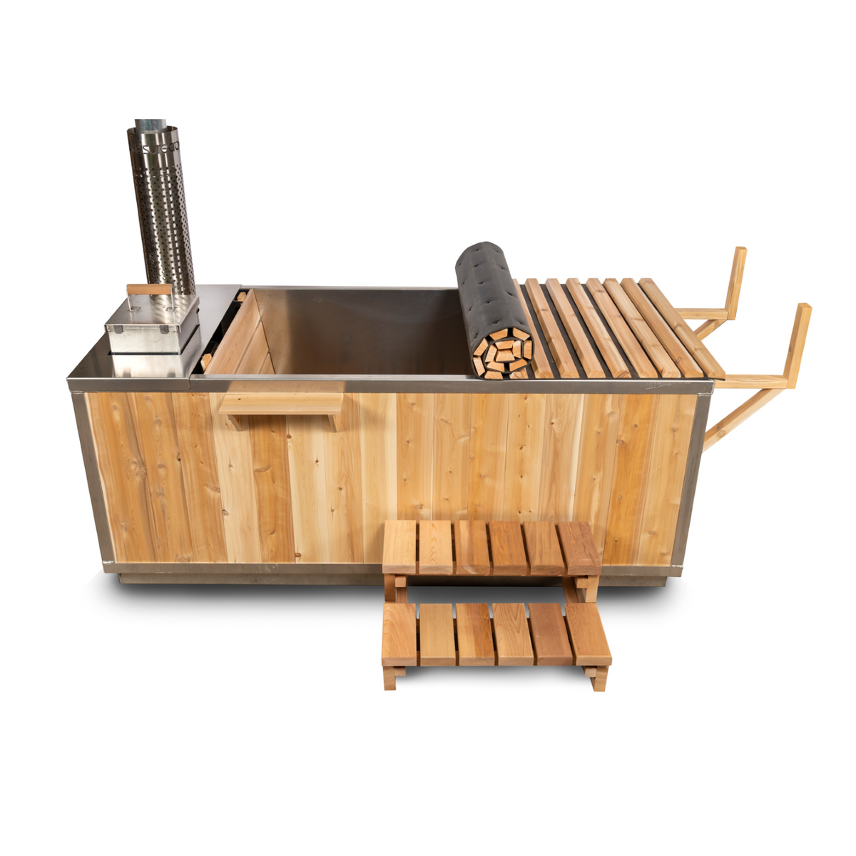 Front view of Leisurecraft Canadian Timber Starlight Wood Burning Hot Tub with cover on.