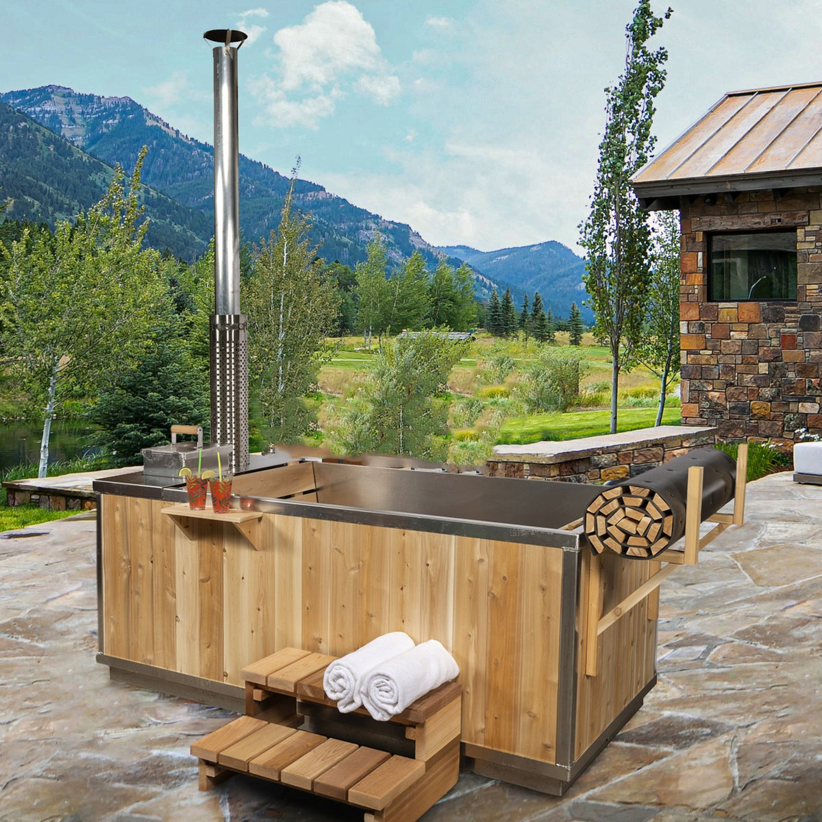 Leisurecraft Canadian Timber Starlight Wood Burning Hot Tub in an outdoor setting.