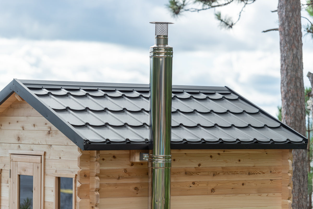 Close-up view of the chimney of the Georgian Cabin Outdoor Sauna.