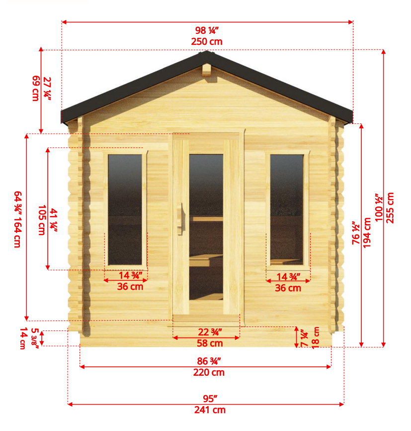 Front view detailed dimensions of  Leisurecraft Georgian Cabin Outdoor Sauna.