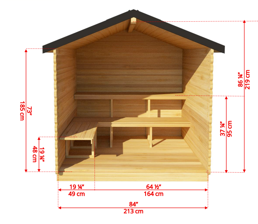 Interior view detailed dimensions of  Leisurecraft Georgian Cabin Outdoor Sauna.