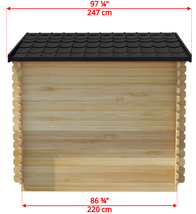 Back view detailed dimensions of  Leisurecraft Georgian Cabin Outdoor Sauna.