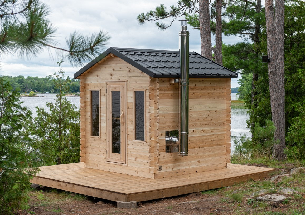 Georgian Cabin Outdoor Sauna in a natural setting surrounded by nature with a view to the lake. 