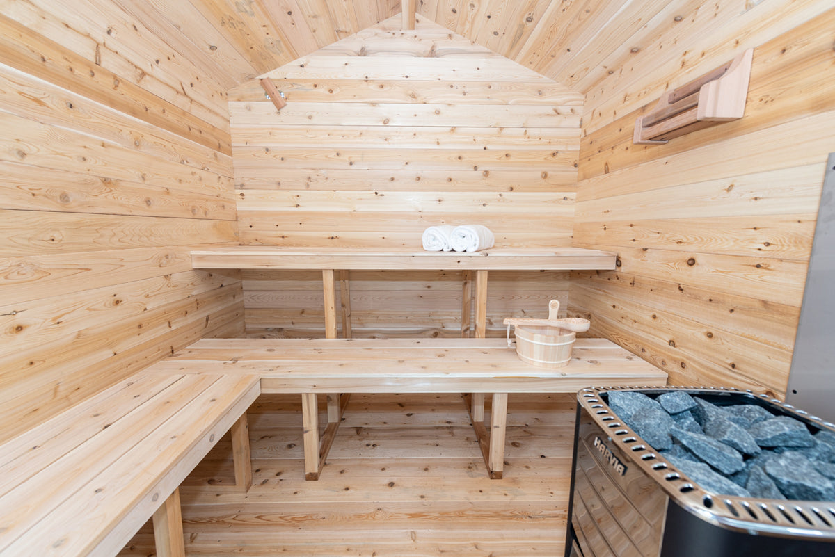 Interior view of Leisurecraft Georgian Cabin Outdoor Sauna.