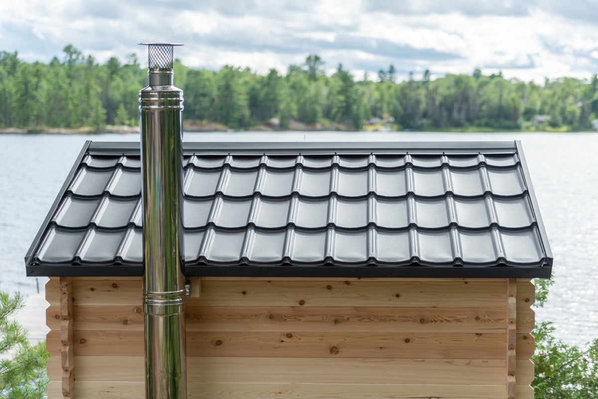 Close-up view of the steel roof of Georgian Cabin Outdoor Sauna.