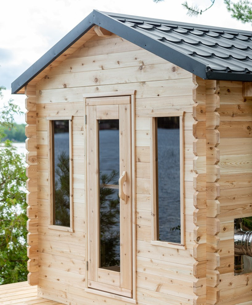 Close-up view of the windows of the Georgian Cabin Outdoor Sauna.