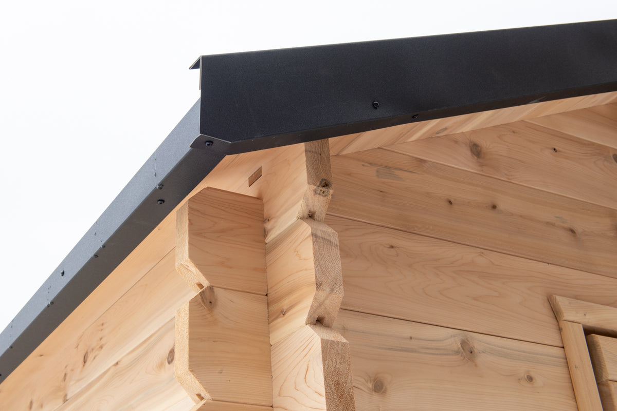 Close-up view of the roof corner of a Leisurecraft Canadian Timber Granby Cabin Outdoor Sauna.