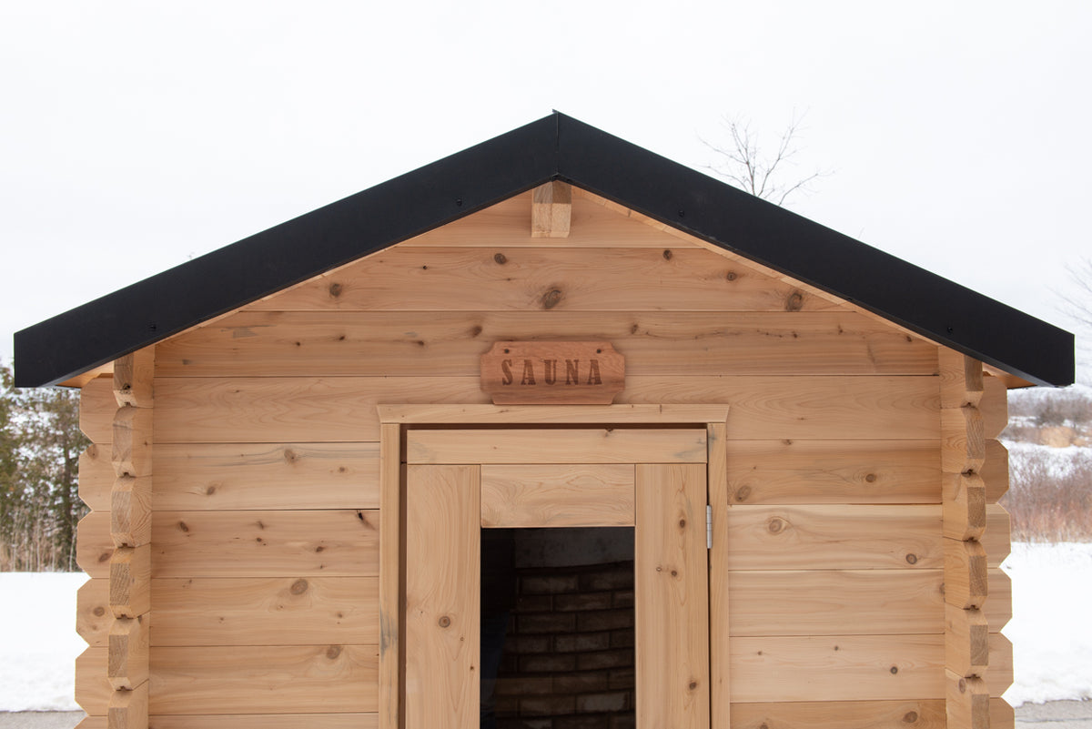 Close up view of the entrance of Leisurecraft Canadian Timber Granby Cabin Outdoor Sauna.