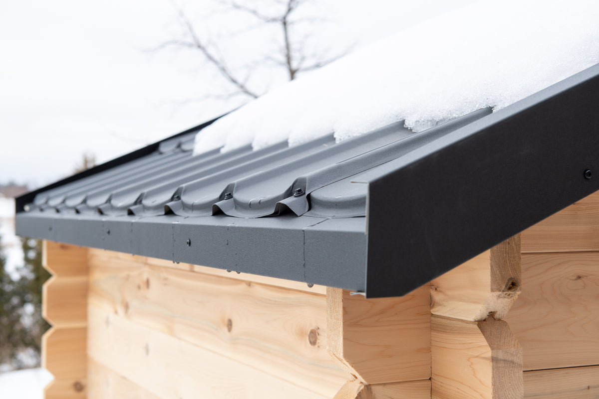 Close-up view of the roof of a Leisurecraft Canadian Timber Granby Cabin Outdoor Sauna.