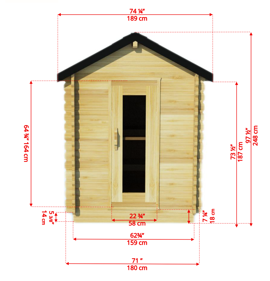 Detailed front view dimensions of Leisurecraft Canadian Timber Granby Cabin Outdoor Sauna.