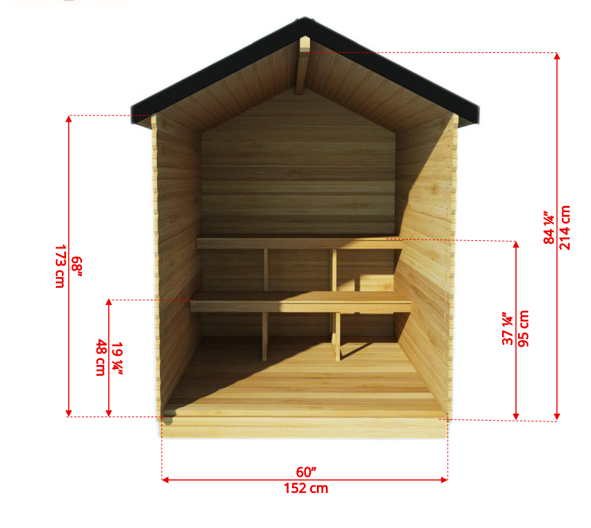 Detailed interior dimensions of Leisurecraft Canadian Timber Granby Cabin Outdoor Sauna.