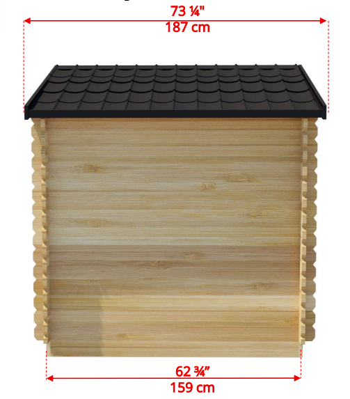 Back view detailed dimensions of Leisurecraft Canadian Timber Granby Cabin Outdoor Sauna.