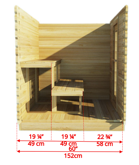 Detailed interior dimensions of Leisurecraft Canadian Timber Granby Cabin Outdoor Sauna.