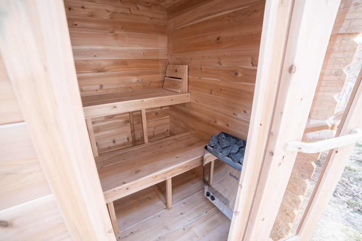 Interior view of Leisurecraft Canadian Timber Granby Cabin Outdoor Sauna.